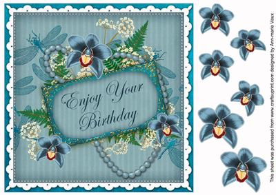 Teal Orchid Enjoy Birthday 8in Vintage Decoupage Topper
