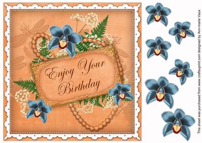 Tealo Orchid Enjoy Birthday 8in Vintage Decoupage Topper