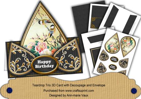 Black Oriental Birds Happy Birthday Teardrop Card Kit