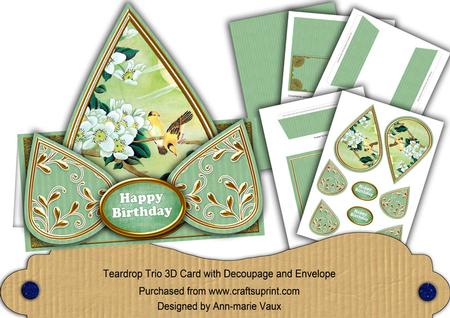 Green Oriental Birds3 Happy Birthday Teardrop Card Kit