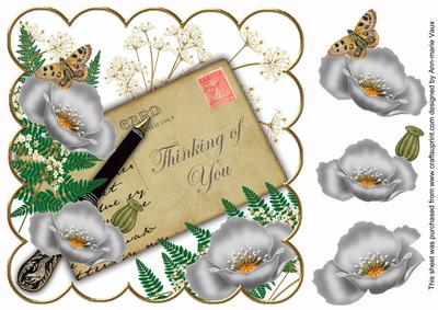 Silver Poppies Thinking of You White 8in Decoupage Topper