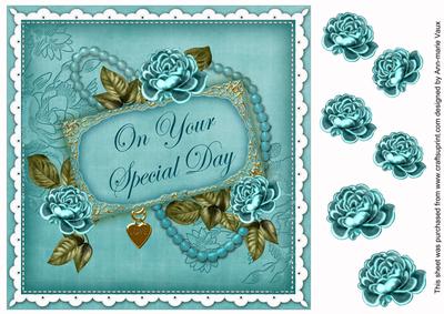Teal Rose Special Day 8in Decoupage Topper