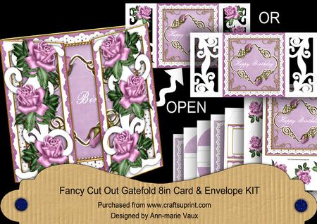 Lilac Rose Happy Birthday Fancy Swirl Gatefold Card & E Kit