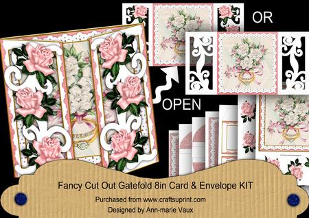 Wedding Rings Pink Rose Fancy Swirl Gatefold Card & E Kit