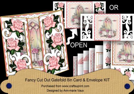 Glory Window Pink Rose Fancy Swirl Gatefold Card & E Kit