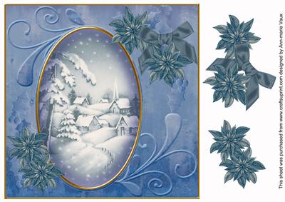 Snowy Village Blue Toned 8in Swirl Decoupage Topper