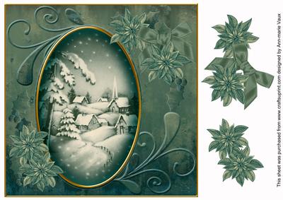 Snowy Village Teal Toned 8in Swirl Decoupage Topper