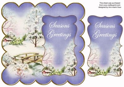 Blue Snowscene Seasons Greetings 8in Scallop Topper