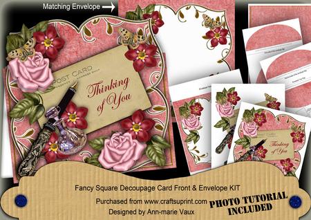 Pink Rose Fmkred Thinking of You Sq Deco Card & E Kit