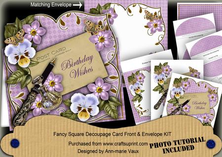 Lilac Pansy Birthday Wishes Fancy Sq Deco Card & E Kit