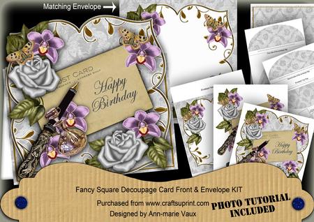Silver Rose Happy Birthday Fancy Sq Deco Card & E Kit