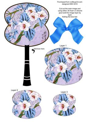 Blue Lotus Flowers Oriental Hand Fan 3D Toppers