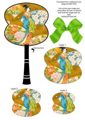 Beautiful Geisha Girl Oriental Hand Fan 3D Toppers