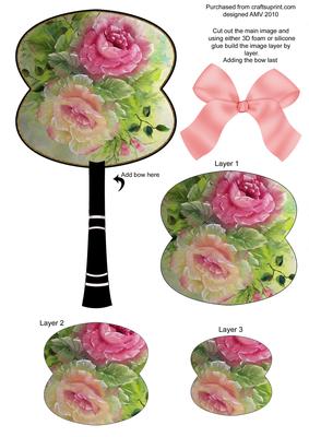 Painted Roses Oriental Hand Fan 3D Toppers