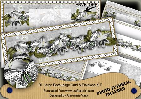 Black Dotty Butterfly Large Dl Decoupage Card & Env Kit