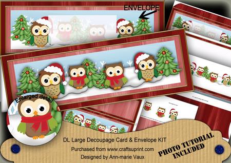 Christmas Owls1 Red Large Dl Decoupage Card & Env Kit