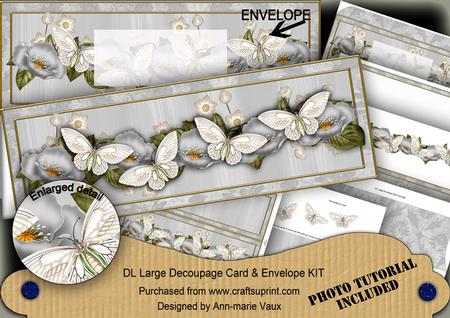 Silver Poppy Butterfly Large Dl Decoupage Card & Env Kit