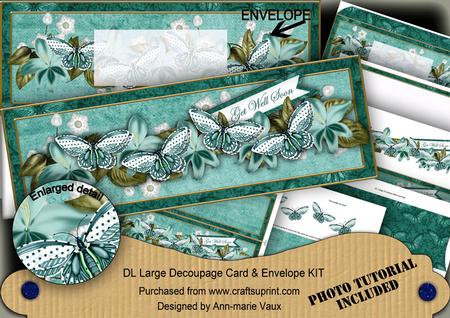 Butterfly Get Well Soon Large Dl Decoupage Card & Env Kit