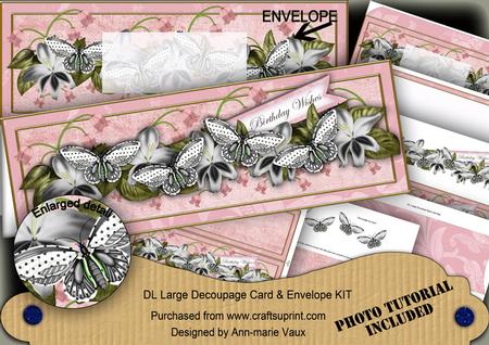 Pink Sil Butterfly Bwishes Large Dl Decoupage Card & Env Kit