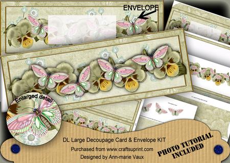 Olive Pink Butterfly Large Dl Decoupage Card & Env Kit