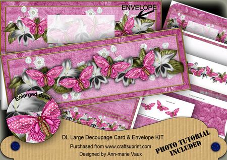 Cerise Black Butterfly Large Dl Decoupage Card & Env Kit