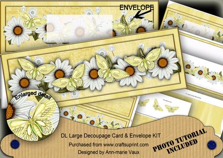 White Daisy Butterfly Large Dl Decoupage Card & Env Kit