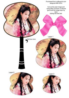 Oriental Beautiful Lady Hand Fan 3D Topper