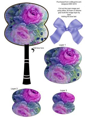 Blue Painted Roses Oriental 3D Hand Fan Topper