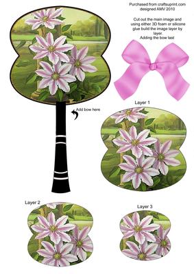 Pretty Clematis Oriental Hand Fan 3D Topper