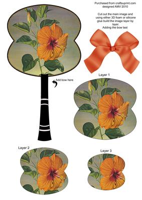 Orange Hibiscus Oriental Hand Fan 3D Topper