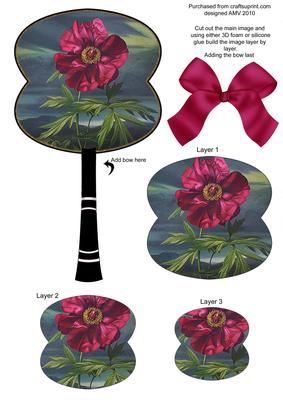 Plum Peony Oriental Hand Fan 3D Topper