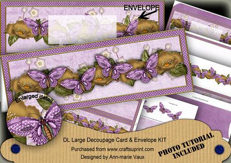 Gold Lilac Butterfly Large Dl Decoupage Card & Env Kit