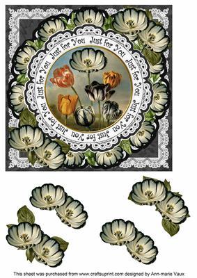 Black Tulips Just for You 7in Doily Decoupage Topper