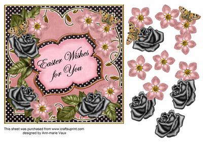 Blk Pink Fmk Rose Easter Wishes 7in Fancy Decoupage Topper
