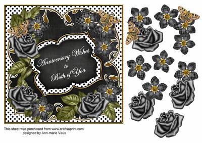 Blk White Fmk Rose Anniversary 7in Fancy Decoupage Topper