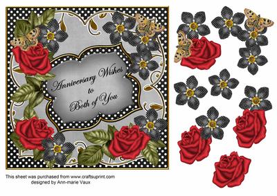 Blk Red Fmk Rose Anniversary 7in Fancy Decoupage Topper