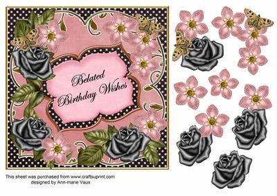 Pink Blk Fmk Belated Birthday 7in Fancy Decoupage Topper