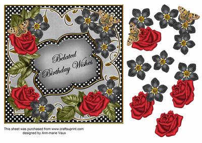 Black Red Fmk Belated Birthday 7in Fancy Decoupage Topper
