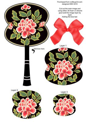 Black Lotus Flower Oriental Hand Fan 3D Topper