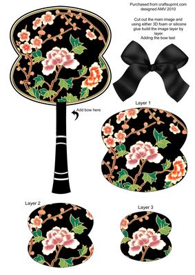 Black Cherry Blossom Oriental Hand Fan 3D Topper