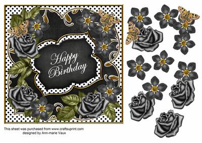 Blk White Fmk Happy Birthday 7in Fancy Decoupage Topper