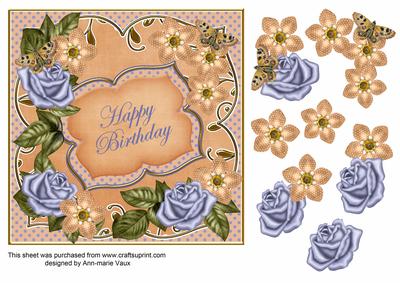 Peach Blue Fmk Happy Birthday 7in Fancy Decoupage Topper
