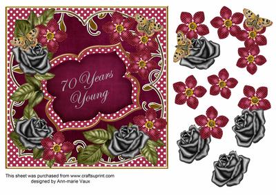 Cerise Fmk 70 Years Young 7in Fancy Decoupage Topper