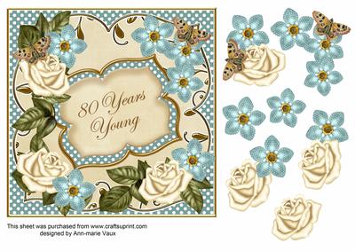 Cream Teal Fmk 80 Years Young 7in Fancy Decoupage Topper