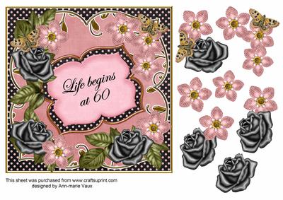 Pink Blk Fmk Life Begins at 60 7in Fancy Decoupage Topper