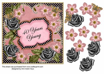Pink Black Fmk 40 Years Young 7in Fancy Decoupage Topper