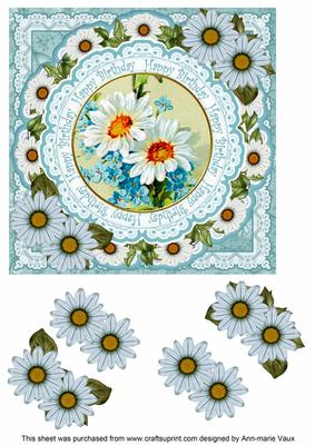 Blue Daisies Happy Birthday 7in Doily Decoupage Topper