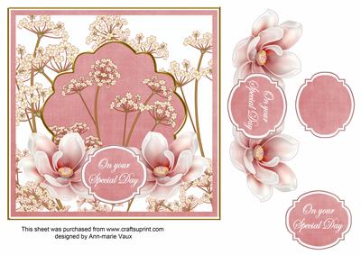Pink Magnolia Special Day 7in Time Flower Decoupage Topper