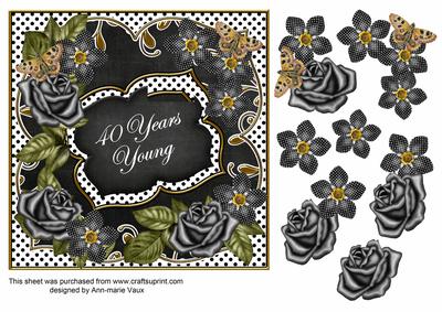 Blk White Fmk 40 Years Young 7in Fancy Decoupage Topper