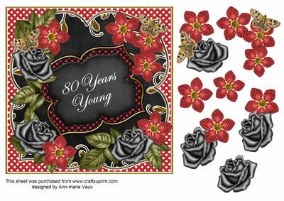 Red Black Fmk 80 Years Young 7in Fancy Decoupage Topper